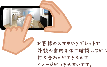 お客様のスマホやタブレットで
外観や室内を3Dで確認しながら
打ち合わせができるので
イメージがつきやすいです。