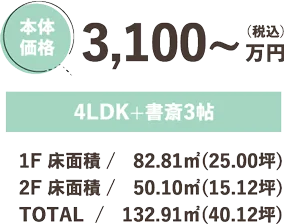 本体価格 3,100万円（税込）4LDK+書斎3帖 1F 床面積 / 80.81㎡（25.00坪） 2F 床面積 / 50.10㎡（15.12坪） TOTAL/ 132.91㎡（40.12坪）