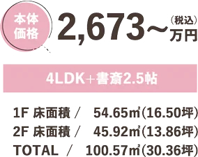 本体価格 2,673万円（税込）4LDK+書斎2.5帖 1F 床面積 / 54.65㎡（16.50坪） 2F 床面積 / 45.92㎡（13.86坪） TOTAL/ 100.57㎡（30.36坪）