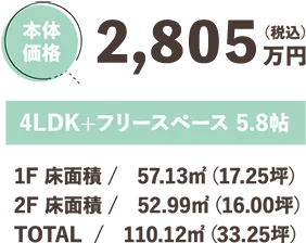 本体価格 2,310万円（税込）0LDK+FREE SPACE 0帖 床面積 / 1F 床面積/57.13㎡（17.25坪）2F 床面積/52.99㎡（16.00坪） TOTAL/ 110.12㎡（33.25坪）